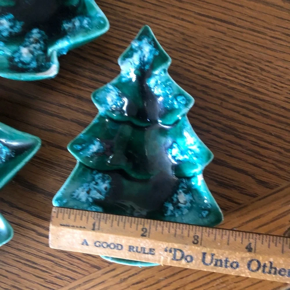 Vintage Set of 3 Green Drip Glaze Stacking Ceramic Christmas Tree Nesting Dishes
